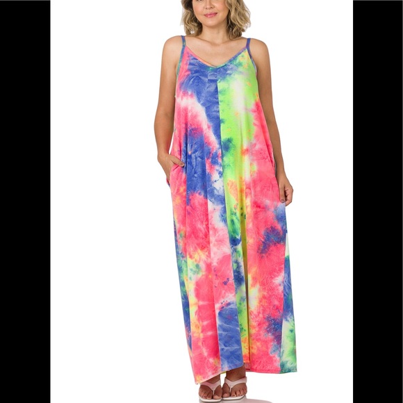 BN Zenana Premium Plus Size Tie Dye V Neck Maxi Dress With Pockets Various - Picture 2 of 11